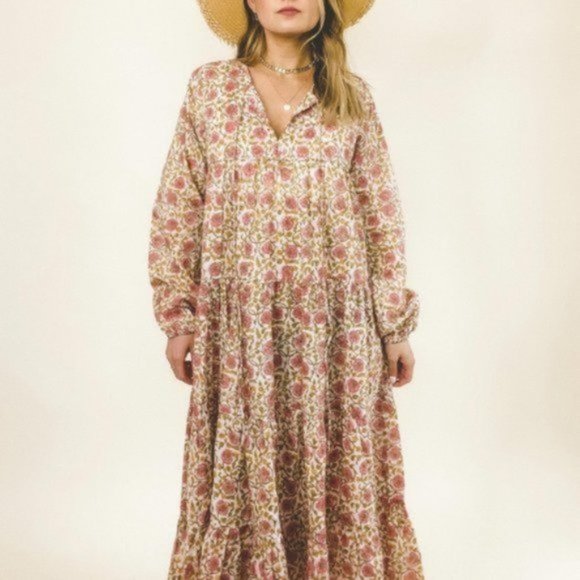 NWT Maelu Hand Blockprint Floral Maxi Dress - Picture 2 of 4